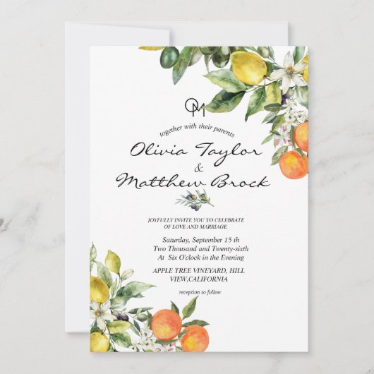 Invitation Mariage aux pêches et olives de citron jaune médit (Devant)