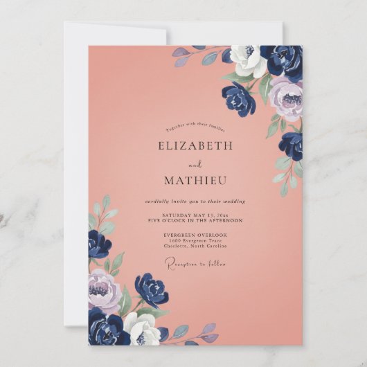 Invitation Mariage aux Pétales de Corail Indigo (Devant)