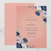 Invitation Mariage aux Pétales de Corail Indigo (Devant / Derrière)