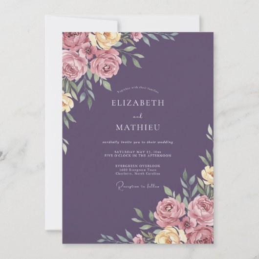 Invitation Mariage aux Pétales de Pourpre Profond (Devant)