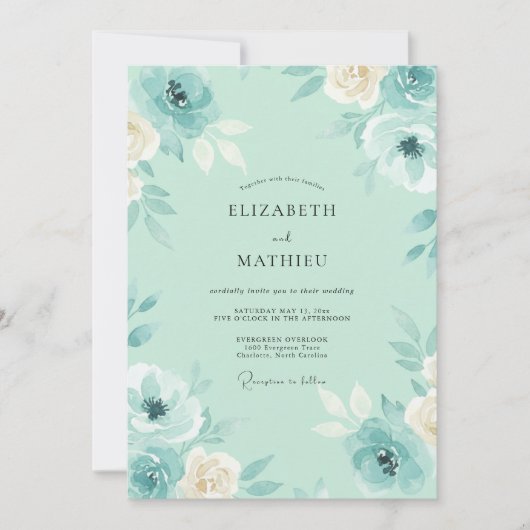 Invitation Mariage aux Pétales de Teinte Mer (Devant)
