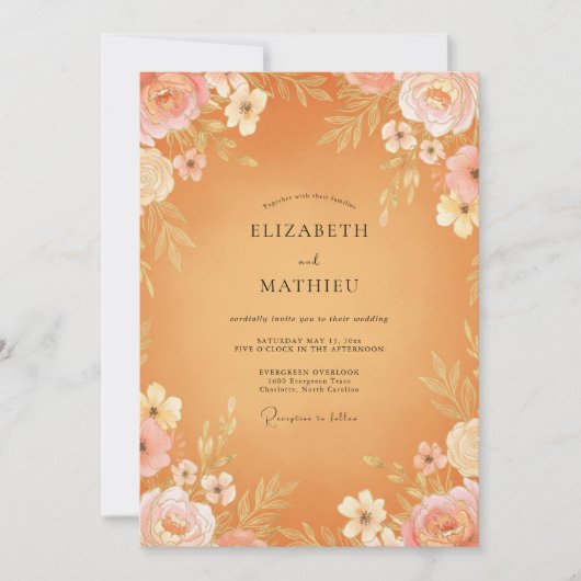 Invitation Mariage aux Pivoines Abricot Doré (Devant)