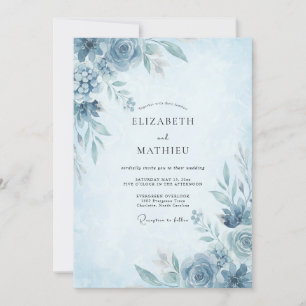 Invitation Mariage aux Pivoines Bleu Barbeau sur Fond Ardoise