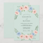 Invitation Mariage aux Pivoines Corail Mentholé (Devant / Derrière)