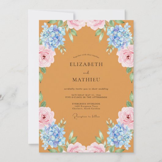 Invitation Mariage aux Pivoines et Hydrangeas Ocre (Devant)