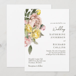 Invitation Mariage aux pivoines jaunes et roses aquarelles mo