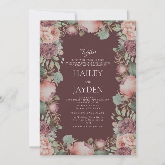 Invitation Mariage aux pivoines rose botanique bordeaux vert (Devant)