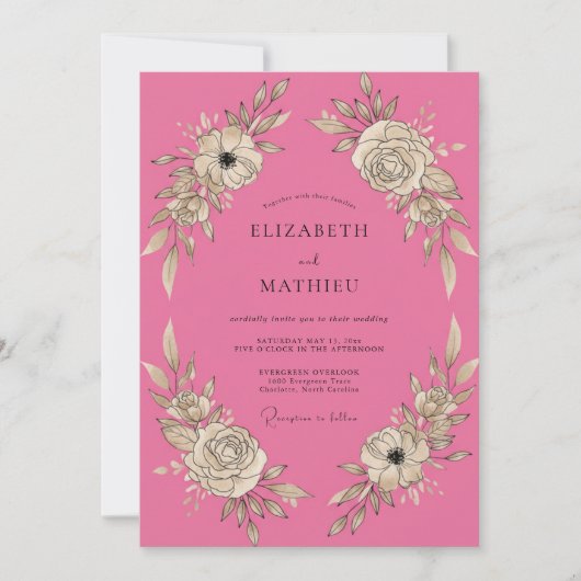 Invitation Mariage aux Pivoines Rose Chaud (Devant)