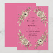 Invitation Mariage aux Pivoines Rose Chaud (Devant / Derrière)