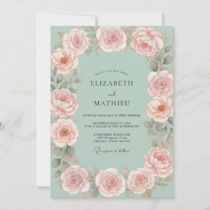 Invitation Mariage aux Pivoines Rose Pâle et Mousse de Mer