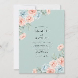 Invitation Mariage aux Pivoines Rose Pâle et Mousse de Mer