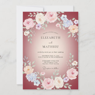 Invitation Mariage aux Pivoines Rouge Cerise et Pervenche