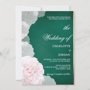 Invitation Mariage aux Pivoines Vert Émeraude et Rose Blush