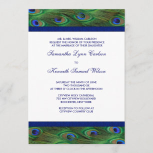 Invitation Mariage aux plumes de paon vert émeraude royal ble