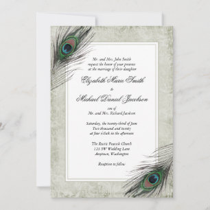 Invitation Mariage aux plumes de paon vintage