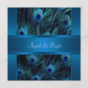 Invitation Mariage aux plumes de paon violet bleu royal