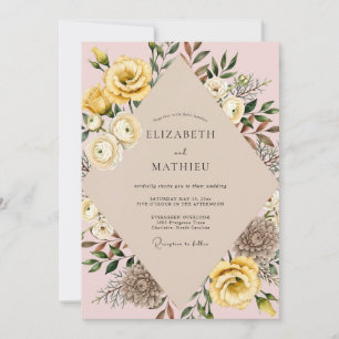 Invitation Mariage aux Ranunculus Jaune et Eucalyptus Rose Bl
