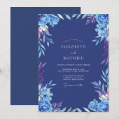 Invitation Mariage aux Ranunculus Peints en Cobalt (Devant / Derrière)