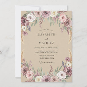 Invitation Mariage aux Ranunculus Taupe Abricot Eucalyptus Ém