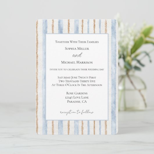 Invitation Mariage aux rayures crème marron bleu (Debout devant)
