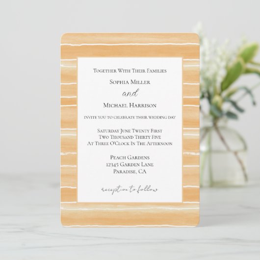 Invitation Mariage aux rayures crème pêche (Debout devant)