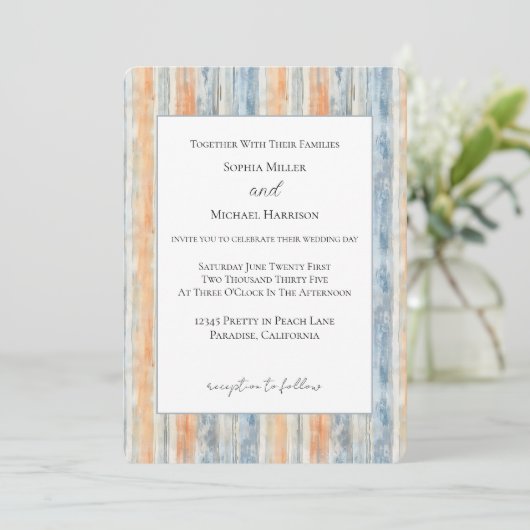 Invitation Mariage aux rayures crème pêche bleue (Debout devant)