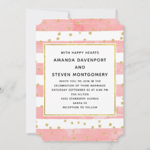 Invitation Mariage aux rayures rose blush et confettis dorés