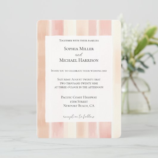 Invitation Mariage aux rayures roses pêche et crème (Debout devant)