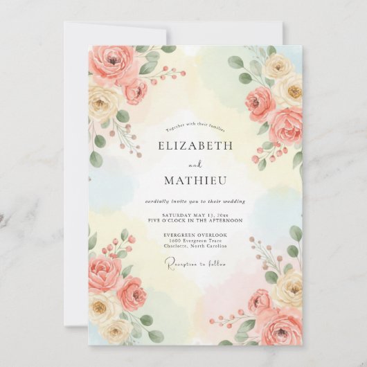 Invitation Mariage aux renoncules corail peint (Devant)