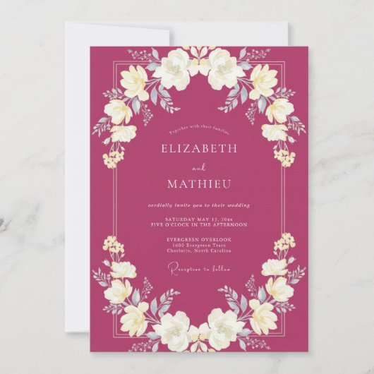 Invitation Mariage aux Renoncules Feuillus de Framboise (Devant)