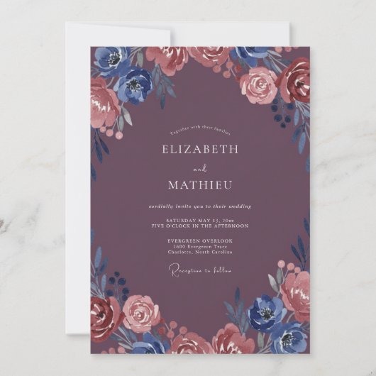 Invitation Mariage aux Renoncules Indigo Mûre (Devant)