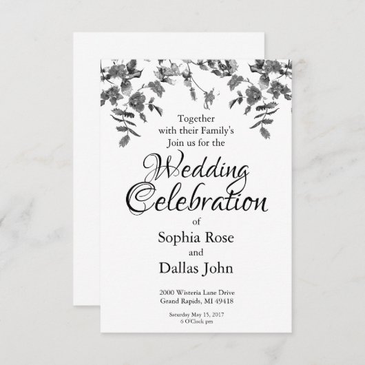 Invitation Mariage aux roses aquarelles noires et blanches mo (Devant / Derrière)