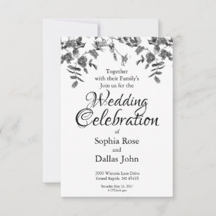 Invitation Mariage aux roses aquarelles noires et blanches mo