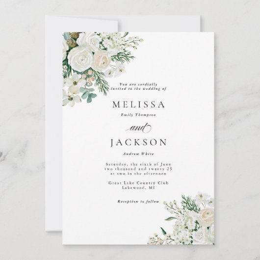 Invitation Mariage aux Roses Blanches d'Hiver Cornouiller et (Devant)