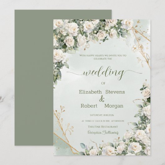 Invitation Mariage aux Roses Blanches Élégantes (Devant / Derrière)