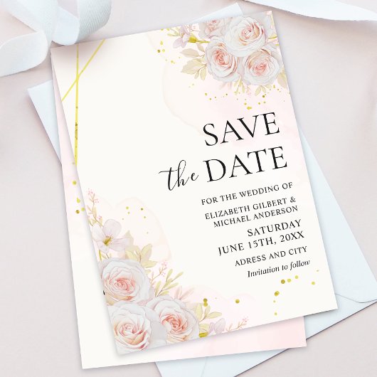 Invitation Mariage aux Roses Blanches Élégantes Sauvez les Da