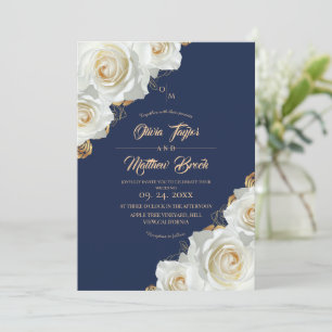 Invitation Mariage aux roses blanches et bleues marine Floral