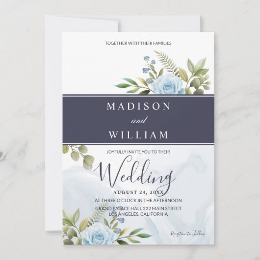 Invitation Mariage aux Roses Bleues Élégantes (Devant)