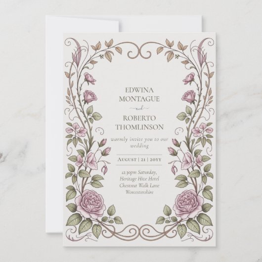 Invitation Mariage aux Roses Botaniques Victoriennes Héritage (Devant)