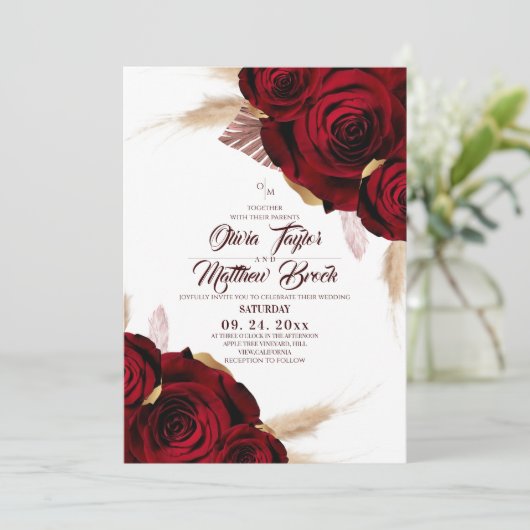 Invitation Mariage aux Roses Bourguignonnes et Herbe de Pampa (Debout devant)
