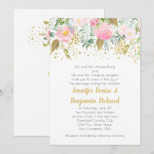 Invitation Mariage aux Roses Fuschia Aquarelle et Feuillage D
