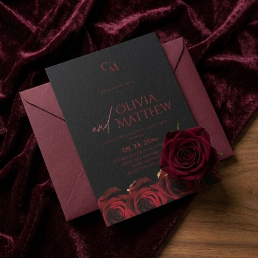 Invitation Mariage aux Roses Noires et Rouges Modernes