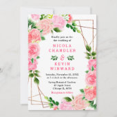 Invitation Mariage aux Roses Roses avec Feuillage (Devant)