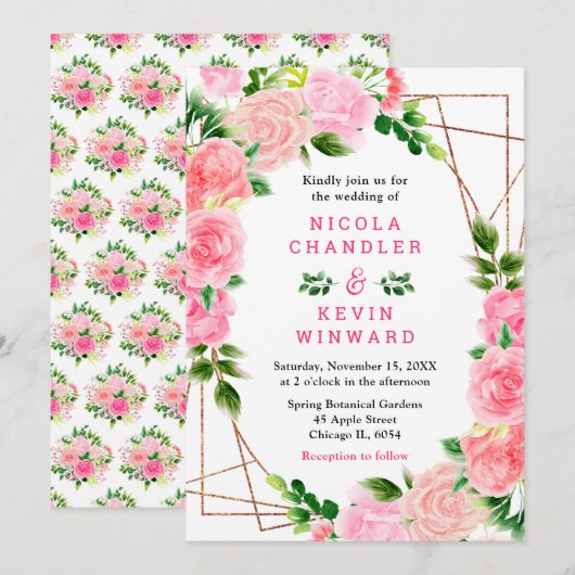 Invitation Mariage aux Roses Roses avec Feuillage (Devant / Derrière)