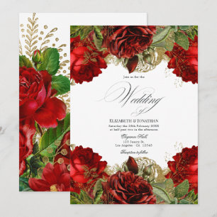 Invitation Mariage aux Roses Rouges Bourguignonnes et Dorées