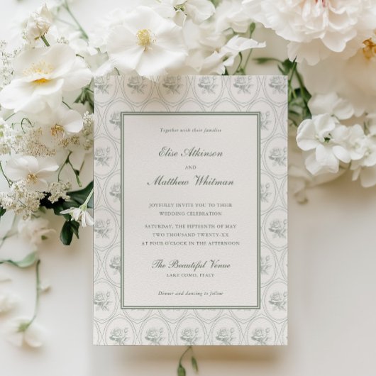 Invitation Mariage aux Roses Vert Sauge