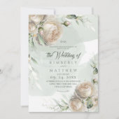 Invitation Mariage aux Roses Vert Sauge et Feuillage (Devant)