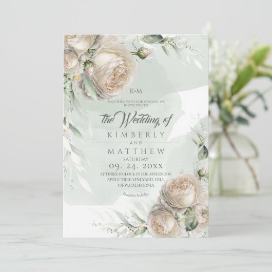 Invitation Mariage aux Roses Vert Sauge et Feuillage (Debout devant)
