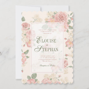 Invitation Mariage aux Roses Vintage Roses à Bordure Ondulée