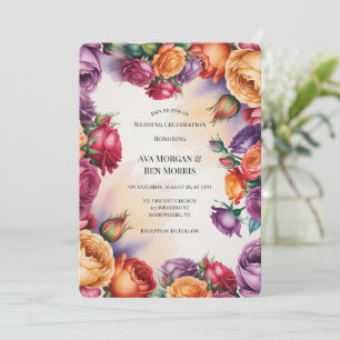Invitation Mariage aux Roses Violettes, Orange et Rouges avec